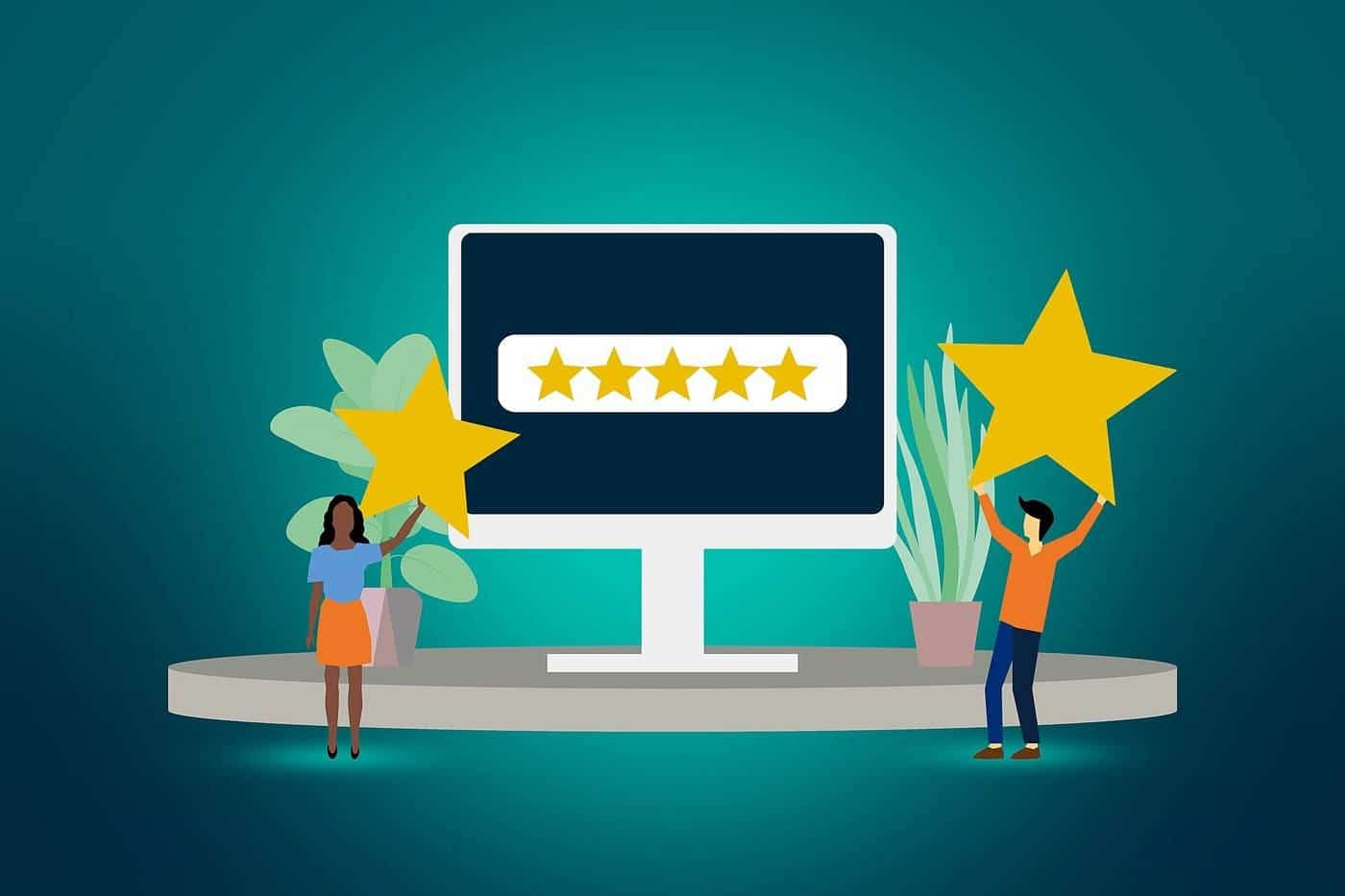 An illustration of a computer screen showing a five-star rating